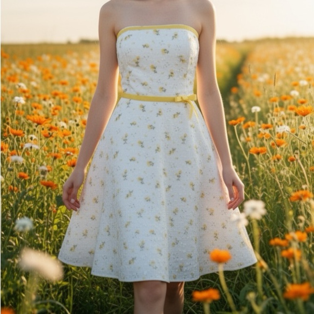 Vintage Y2K Vol. 1 Yellow Rose Cottagecore Strapless Sundress -- L